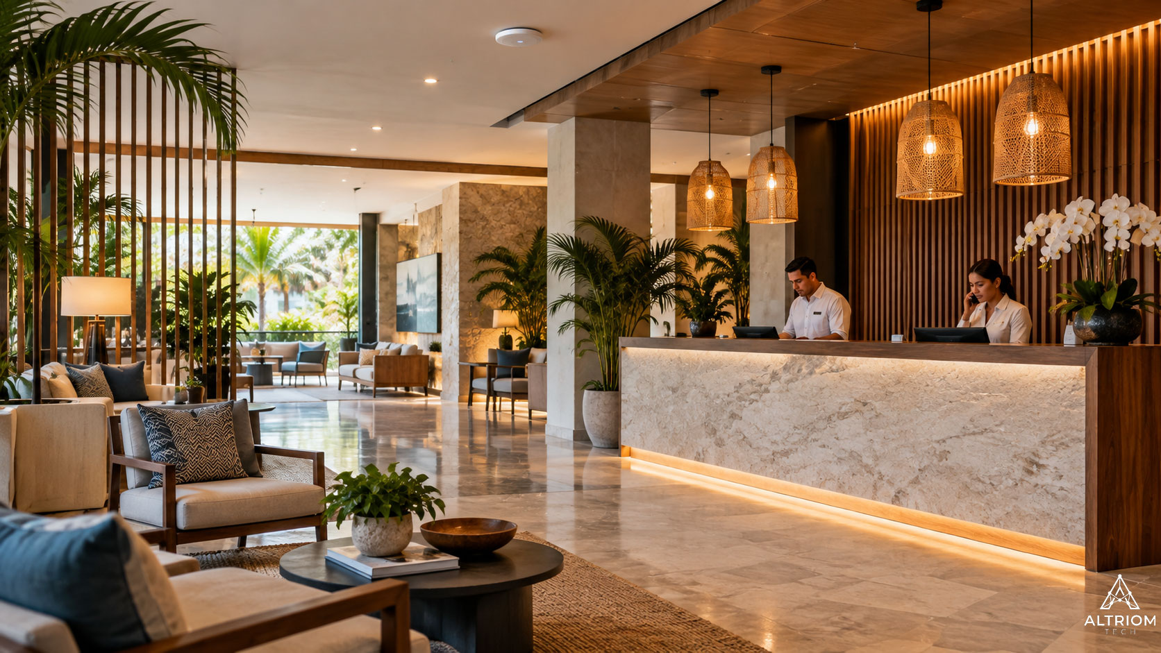 Recepción de hotel boutique con tecnología integrada y conectividad en Cancún